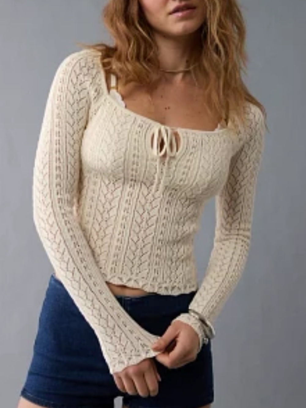 AE AMERICAN EAGLE Square Neck Open Knit Sweater Size Small Cream